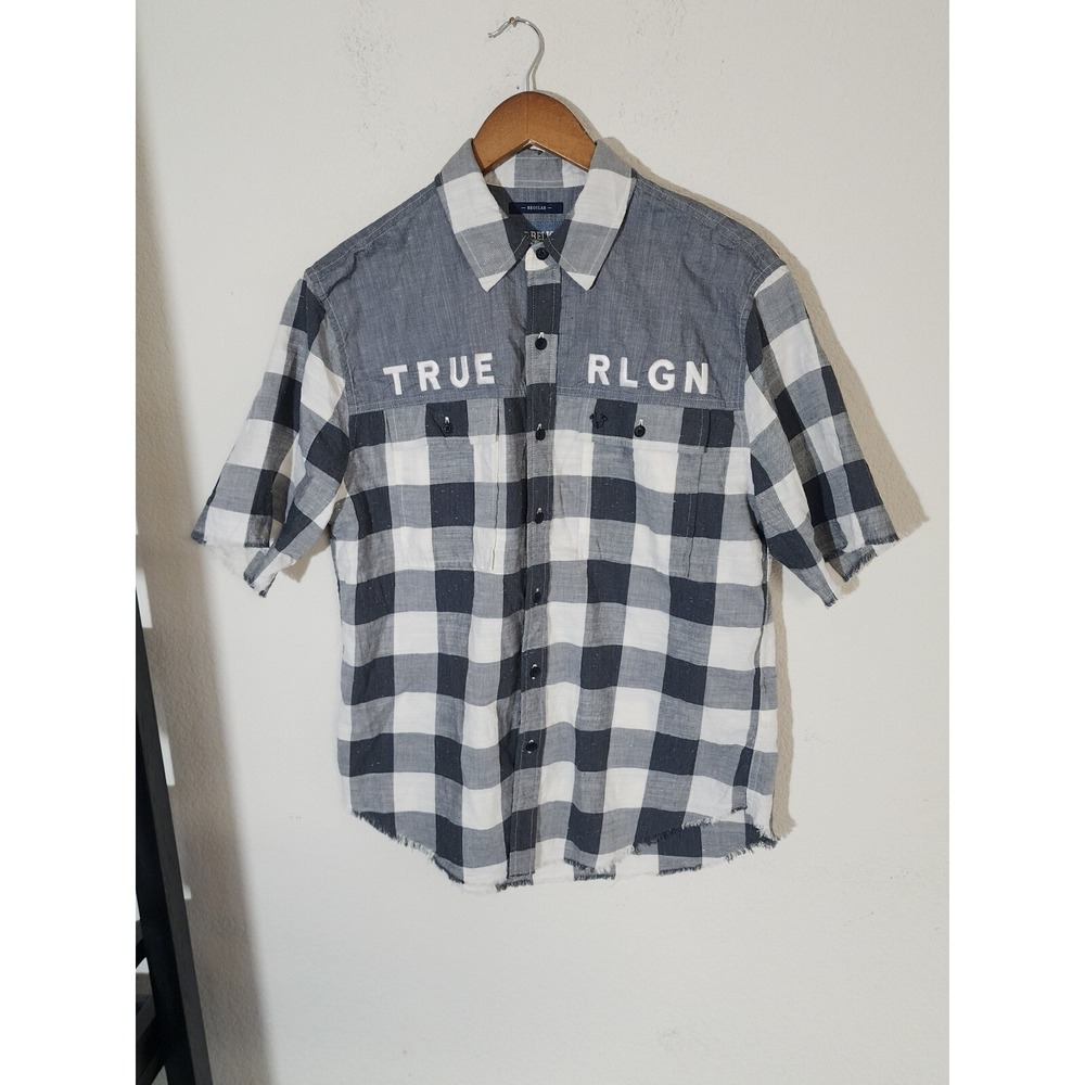 True Religion Men Shirts Plaid  Black Grey Checker Gray small new w tag.  bin 32